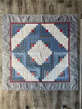 Vintage Blue Cream Patchwork Log Cabin Pattern Patchwork Quilt Handmade